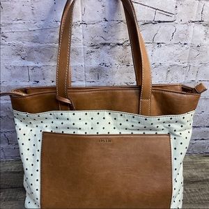 Fossil women’s shoulder tote brown/white polka dot